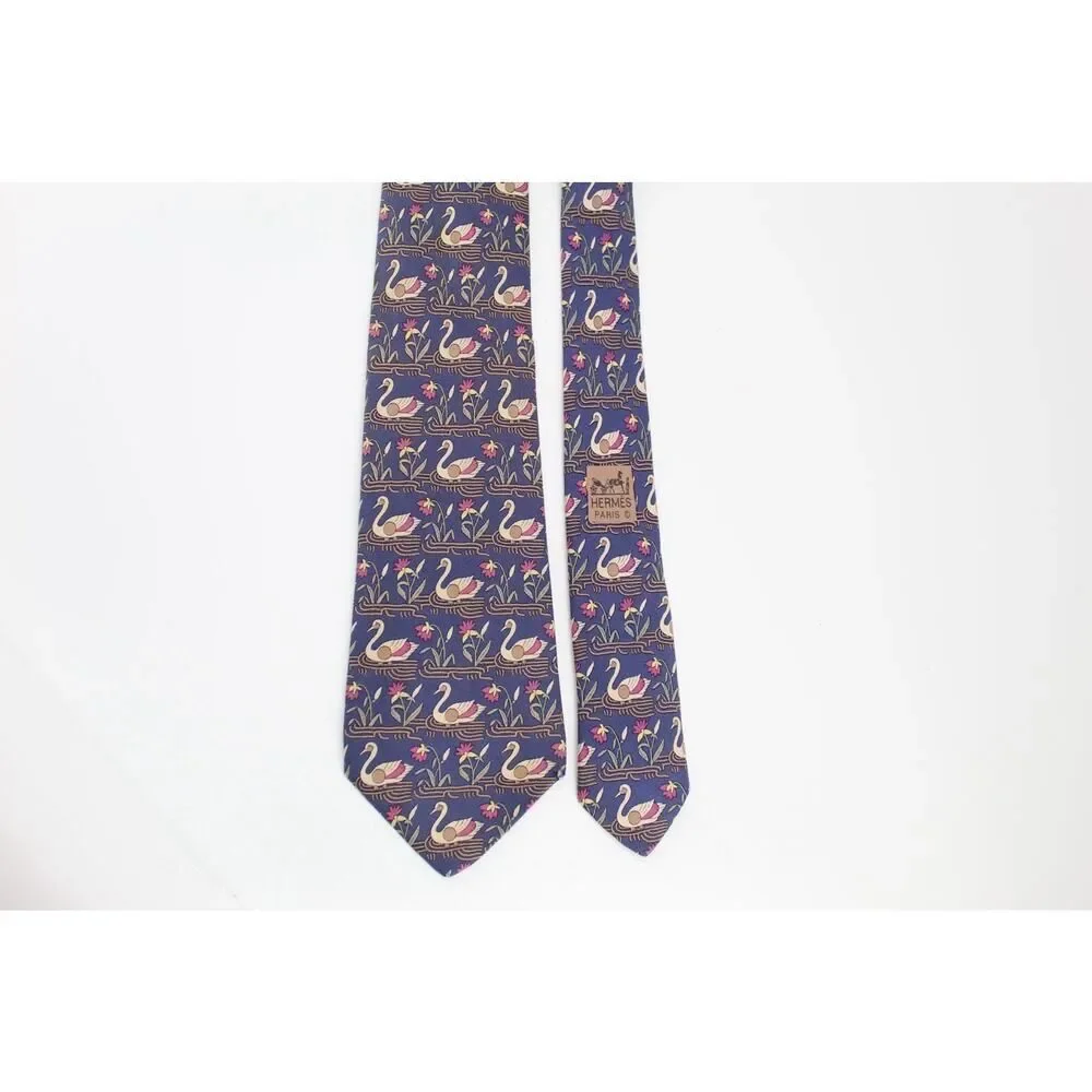 Hermès Swan Tie Mens Blue 100% Silk Made In France Novelty Animal Print
